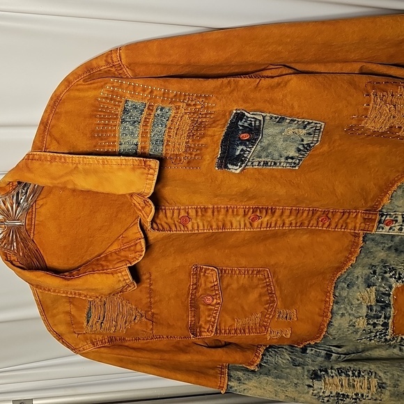 Vintage 90's Y2K Imperious Mens Orange Blue Denim Acid Distressed Wash Shirt XL - Picture 2 of 7